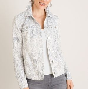 NWT size 00 Chico's Satin Jean Jacket Python Print in Neutral
